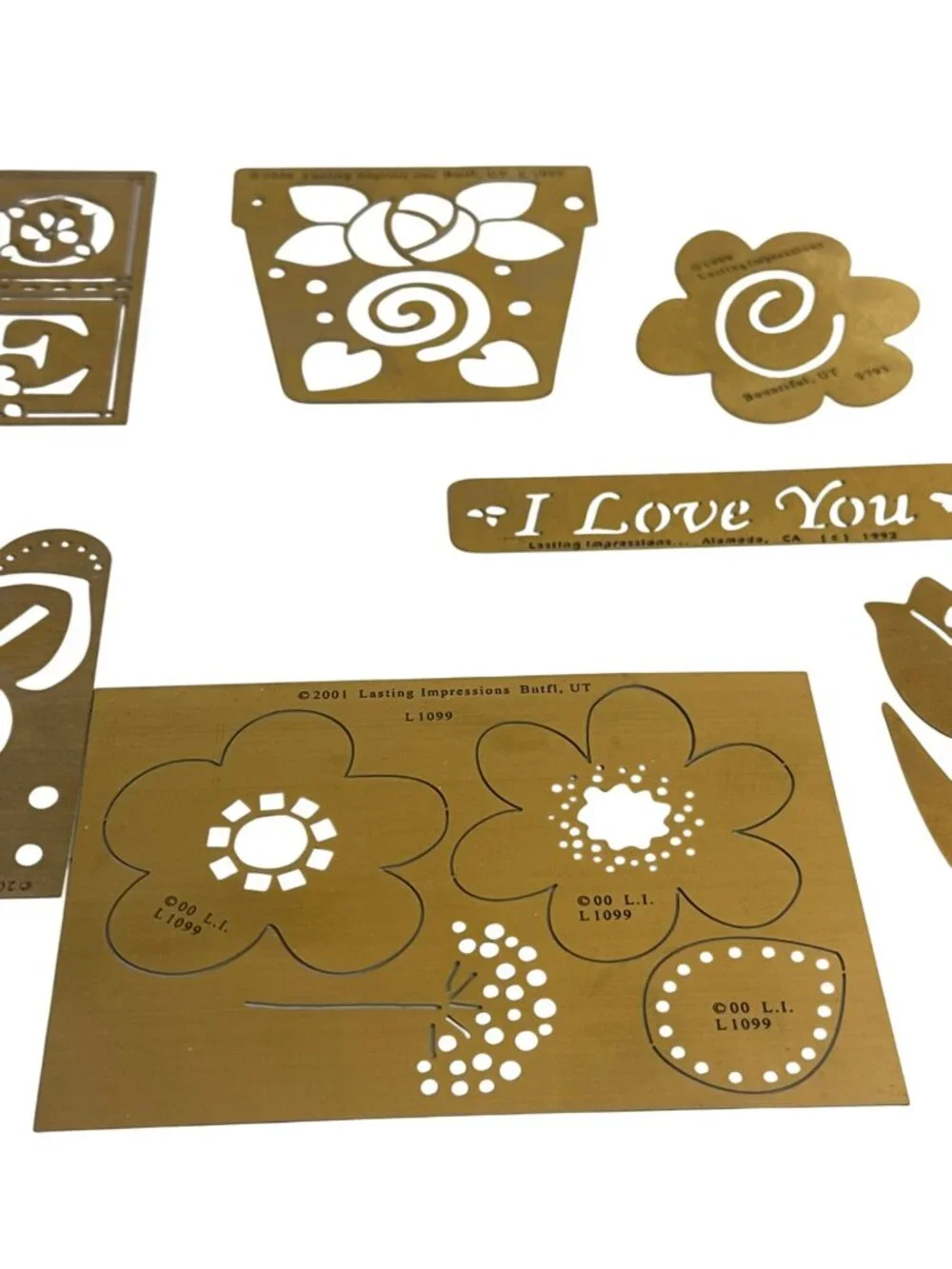 Set Of 9 Lasting Impressions Brass Stencils Love Flowers Heart Tulip Ladybug
